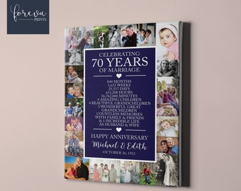 Tela personalizzata per il 70° anniversario di matrimonio - Collage fotografico regalo per il 70° anniversario - Idea regalo per l'anniversario dei nonni per genitori o coniugi