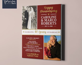 Lienzo fotográfico del 40.º aniversario de bodas: ayer y hoy. Idea de regalo para el 40.º aniversario. Letrero personalizado. Regalo de aniversario para padres o cónyuge.