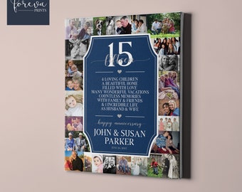 15th Wedding Anniversary Custom Canvas - 15th Anniversary Gift Photo Collage - Anniversary Gift Idea for Parents or Spouse, Husband or Wife