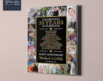 May include: A personalized canvas print celebrating a 50th wedding anniversary. The black and gold design features family photos, the names "Michael & Edith", and the date October 26, 1966. The text includes "Celebrating 50 Years of Marriage".