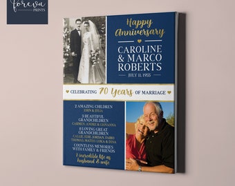 Foto su tela per il 70° anniversario di matrimonio, ieri e oggi - Idea regalo per il 70° anniversario, cartello personalizzato - Regalo di anniversario per genitori o coniugi