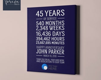 45 Year Work Anniversary - Custom Employee Recognition Gift idea - 45th Work Anniversary or Retirement - Custom Colours, Text, Company Logo