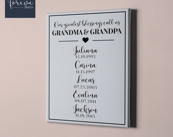 Personalized Grandchildren Name Canvas Sign For Nana - Custom Grandparent Gift Idea - Unique Personalized Grandparents Gift for Christmas
