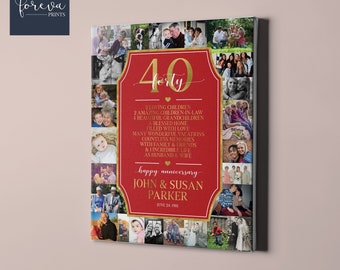 40th Wedding Anniversary Custom Canvas - 40th Ruby Anniversary Gift Photo Collage - Grandparents Anniversary Gift Idea for Parents or Spouse