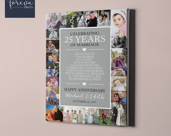 Lienzo personalizado para el 25.º aniversario de bodas - Collage de fotos para el 25.º aniversario de plata - Idea de regalo para padres, cónyuges, esposos o esposas