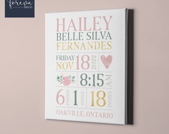 Newborn Gift Idea - Birth Announcement Canvas Wall Art  - Personalised Baby Birth Details Print - Custom Baby Birth Stats Gift Idea