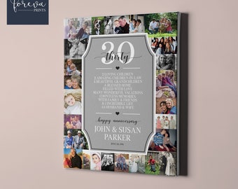 May include: A gray and white photo collage canvas with a 30th anniversary message. The canvas features a photo montage of a family with the text "30 thirty" and "happy anniversary John & Susan Parker June 24, 1991".