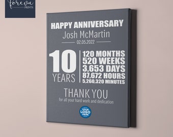 10 Year Work Anniversary Print, 10th Employee Anniversary Gift idea, thank you gift, Years of service, retirement gift, Work Plaque
