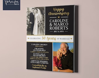 May include: A black and gold canvas print celebrating a 50th wedding anniversary. The print features a couple's wedding photo, a photo of them together in older age, and a list of their family members. The text reads "Happy Anniversary Caroline & Marco Roberts - July 11, 1970 - Celebrating 50 Years of Marriage."
