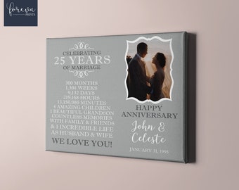 Lienzo con foto para regalar por el 25.º aniversario: idea de regalo para el 25.º aniversario de bodas de padres y regalo personalizado para el aniversario de plata de una pareja.