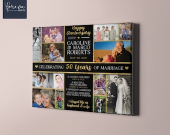 May include: A black and gold photo collage canvas celebrating a 50th wedding anniversary. The canvas features photos of a couple, their children, grandchildren, and wedding day. The text reads "Happy Anniversary Caroline & Marco Roberts May 30, 1970 Celebrating 50 Years of Marriage 2 Amazing Children John & Julia 2 Beautiful Grandchildren Carmen & Giovanna 8 Different Addresses Countless Memories with Family & Friends 1 Blessed Life as Husband & Wife"