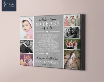 May include: A grey canvas print featuring a collage of family photographs. The text reads "celebrating 60 years of life", "35 years of marriage + amazing children, 2 beautiful grandchildren, endless adventures, countless memories with family & friends, 1 incredible life & the best is yet to come", "happy birthday Jennifer Weaver - June 15, 1960 - "