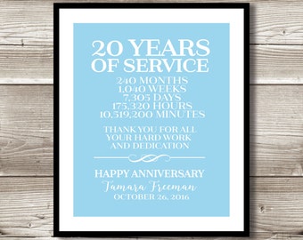 20 year work anniversary retirement print gift digital etsy