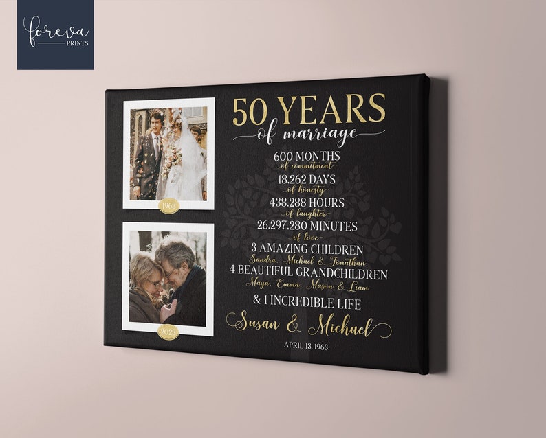 May include: A black canvas print with gold text celebrating a 50th wedding anniversary. The print features two photos of a couple, a timeline of their marriage, and the names "Susan & Michael" with the date "April 13, 1963".