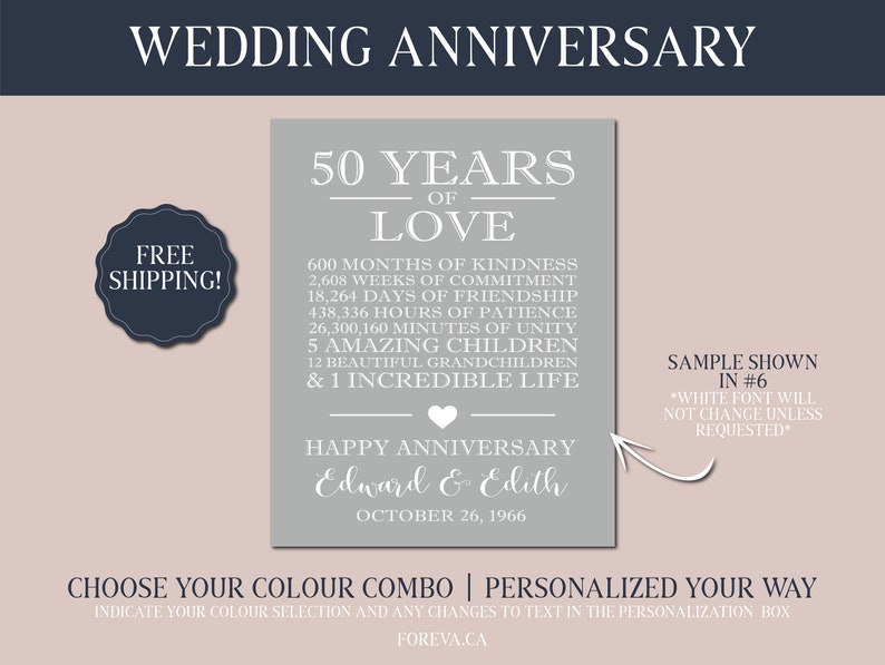 Puede incluir: Un cartel imprimible gris y blanco que celebra un 50&ordm; aniversario de boda. El cartel presenta el texto "50 a&ntilde;os de amor" y enumera el n&uacute;mero de meses, semanas, d&iacute;as, horas, minutos y ni&ntilde;os en el matrimonio de la pareja. El cartel est&aacute; personalizado con los nombres "Edward & Edith" y la fecha "26 de octubre de 1966".