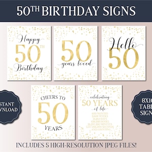 50th Birthday Signs Bundle - Gold and White Party 2025 - Instant Download Printable Party Signs - 50 Hello - Vintage 1975