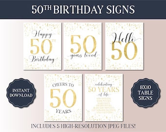 50th Birthday Signs Bundle - Gold and White Party 2025 - Instant Download Printable Party Signs - 50 Hello - Vintage 1975