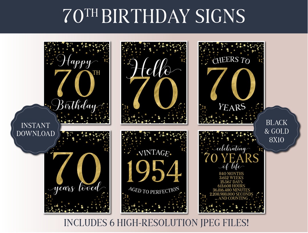 70th Birthday Signs Bundle - Black and Gold Party 2024 - Instant ...