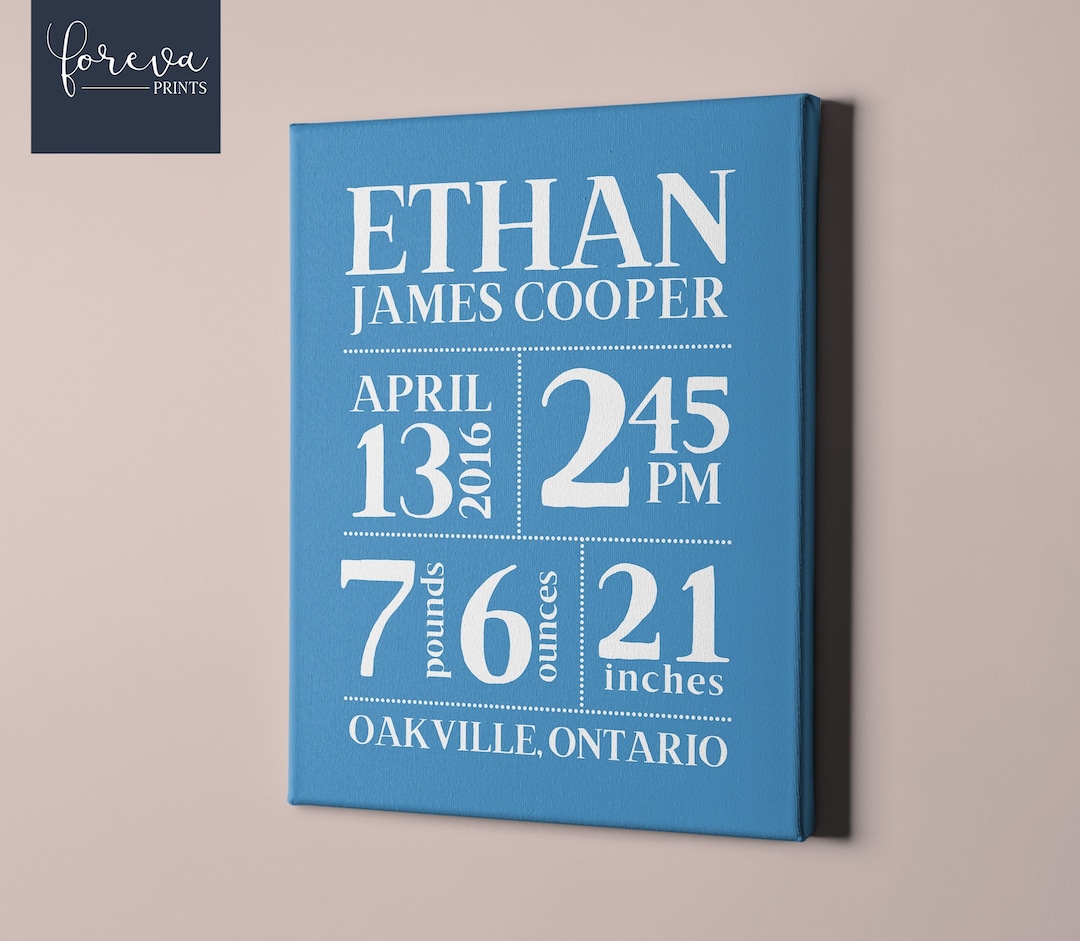 Newborn Gift Idea - Birth Announcement Canvas Wall Art - Personalised ...
