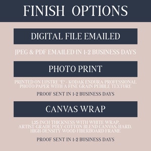 Puede incluir: Un gr&aacute;fico que muestra tres opciones de acabado diferentes para impresiones de arte digital: archivo digital enviado por correo electr&oacute;nico, impresi&oacute;n fotogr&aacute;fica y lienzo estirado. La opci&oacute;n de archivo digital incluye archivos JPEG y PDF enviados por correo electr&oacute;nico dentro de 1 a 2 d&iacute;as h&aacute;biles. La opci&oacute;n de impresi&oacute;n fotogr&aacute;fica se imprime en papel fotogr&aacute;fico profesional Kodak Endura Lustre "E" con una textura de guijarros de grano fino. La opci&oacute;n de lienzo estirado tiene un grosor de 1,25 pulgadas (3,17 cm) con un envoltorio blanco, lienzo de mezcla de algod&oacute;n y poli&eacute;ster de calidad art&iacute;stica, duro, con un marco de tablero de fibra de madera de alta densidad. Todas las opciones incluyen una prueba enviada dentro de 1 a 2 d&iacute;as h&aacute;biles.