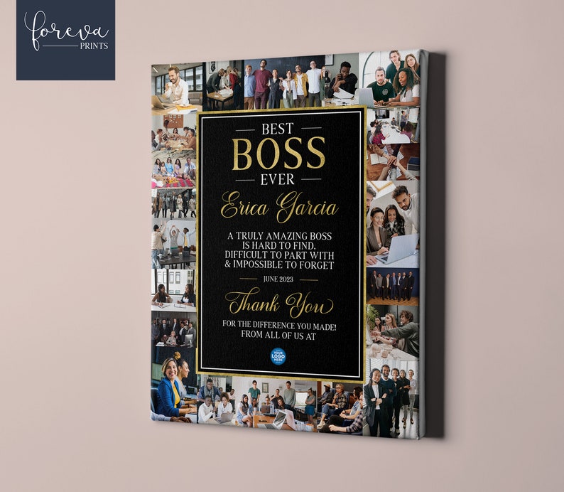 May include: A collage of photos with a black background and gold text that reads "Best Boss Ever - Erica Garcia". The text continues with "A truly amazing boss is hard to find, difficult to part with & impossible to forget. June 2023. Thank you for the difference you made from all of us at".