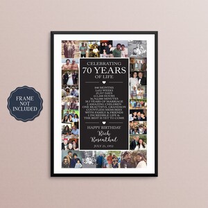 May include: A black and white photo collage celebrating 70 years of life. The collage features photos of a man, his family, and friends. The text reads "Celebrating 70 Years of Life" and includes details like "840 months", "3,652 weeks", "25,557 days", "613,208 hours", "36,762,000 minutes", "38.5 years of marriage", "2 amazing children", "one beautiful grandson", "countless memories with family & friends", "1 incredible life & the best is yet to come". The text also includes "Happy Birthday Rich Rosenthal July 21, 1952".