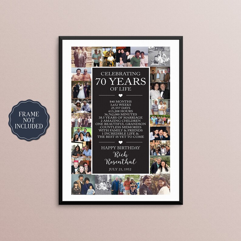 May include: A black and white photo collage celebrating 70 years of life. The collage features photos of a man, his family, and friends. The text reads "Celebrating 70 Years of Life" and includes details like "840 months", "3,652 weeks", "25,557 days", "613,208 hours", "36,762,000 minutes", "38.5 years of marriage", "2 amazing children", "one beautiful grandson", "countless memories with family & friends", "1 incredible life & the best is yet to come". The text also includes "Happy Birthday Rich Rosenthal July 21, 1952".