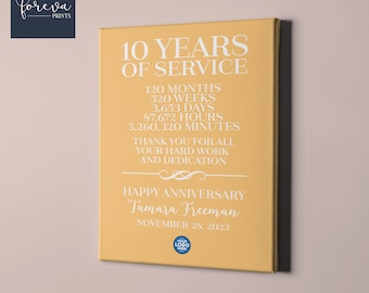10 Year Work Anniversary - Custom Employee Recognition Gift idea - 10th Work Anniversary or Retirement - Custom Colours, Text, Company Logo