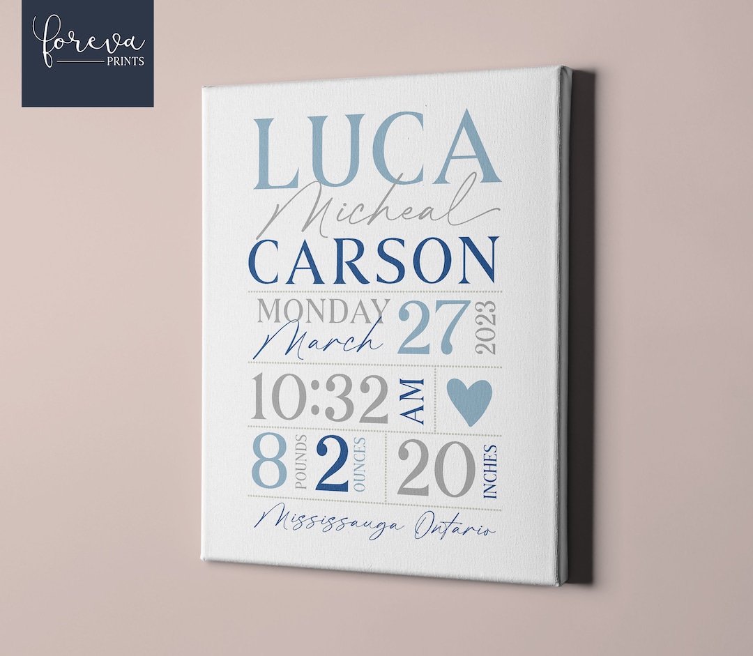 Newborn Gift Idea - Birth Announcement Canvas Wall Art - Personalised ...