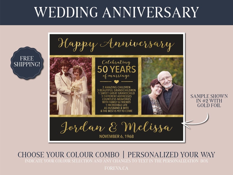 May include: A black and gold wedding anniversary card with two photos of a couple. The text reads "Happy Anniversary", "Celebrating 50 Years of Marriage", "Jordan & Melissa", and "November 6, 1968".