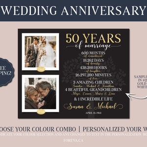May include: A black and gold wedding anniversary poster with two photos of a couple, one from 1968 and one from 2023. The poster celebrates 50 years of marriage and includes the text "50 Years of Marriage", "Susan & Michael", "April 13, 1963", and a list of milestones in years, months, days, hours, and minutes. The poster also includes the text "Sample Shown in #2 with Gold Foil & White Font".