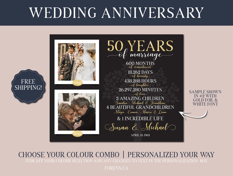 May include: A black and gold wedding anniversary poster with two photos of a couple, one from 1968 and one from 2023. The poster celebrates 50 years of marriage and includes the text "50 Years of Marriage", "Susan & Michael", "April 13, 1963", and a list of milestones in years, months, days, hours, and minutes. The poster also includes the text "Sample Shown in #2 with Gold Foil & White Font".
