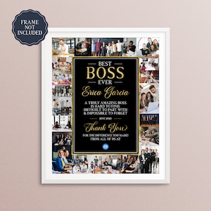 May include: A collage of photos with a black and gold banner that reads "Best Boss Ever Erica Garcia". The banner also includes the text "A truly amazing boss is hard to find. Difficult to part with & impossible to forget. June 2023. Thank you for the difference you made! From all of us at [logo]"
