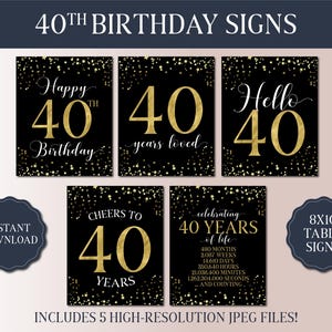 40th Birthday Signs Bundle - Black and Gold Party 2025 - Instant Download Printable Party Signs - Hello 40 - Vintage 1985