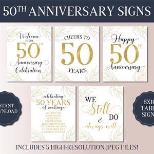 50. Hochzeitsjubiläum Schilder Bundle - Verheiratet 1975 - Goldene Jubiläumsparty - Weißgoldfolie Tabletop Schild - Jubiläumsfeier Dekor