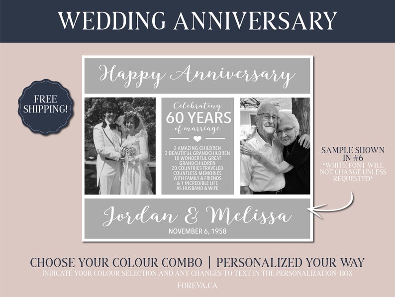 May include: A black and white photo collage celebrating a 60th wedding anniversary. The collage features photos of a couple on their wedding day and a more recent photo of the couple. The text "Happy Anniversary" is at the top of the collage, and the text "Celebrating 60 Years of Marriage" is in the center of the collage. The text "Jordan & Melissa" is at the bottom of the collage, along with the date "November 6, 1958".