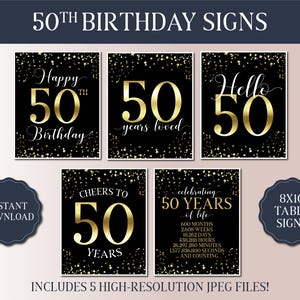 50th Birthday Signs Bundle - Black and Gold Party 2025 - Instant Download Printable Party Signs - 50 Hello - Vintage 1975