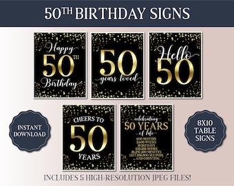 50th Birthday Signs Bundle - Black and Gold Party 2025 - Instant Download Printable Party Signs - 50 Hello - Vintage 1975