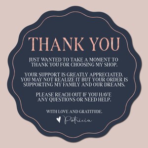 May include: A navy blue thank you card with a rose gold border and text. The card says "Thank You" and includes a message expressing gratitude for customer support. The card is signed "Patricia".