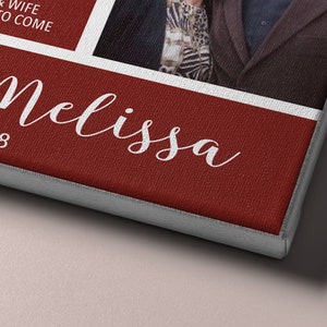 May include: A red canvas with white text that reads "& Melissa" and "Dec 6, 1978".