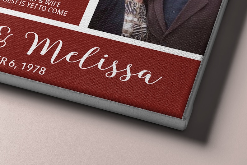 May include: A red canvas with white text that reads "& Melissa" and "Dec 6, 1978".