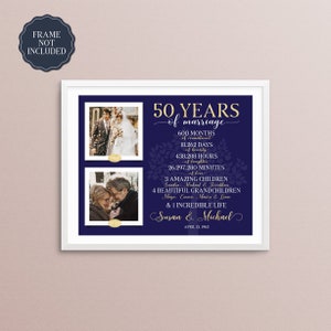 May include: A navy blue and gold anniversary print with two photos of a couple. The text reads "50 Years of Marriage" and lists the number of months, days, hours, and minutes they have been married. It also lists their children and grandchildren's names. The text at the bottom reads "Susan & Michael April 13, 1963."