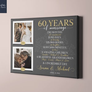 Cadeau du 60e anniversaire de mariage personnalisé avec diamants, cadeau photo pour les parents, couleurs et texte personnalisés, cadeau pour les grands-parents