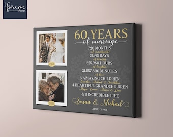 May include: A black and white photo collage celebrating 60 years of marriage. The collage features two photos of a couple, one from 1963 and one from 2023. The text reads "60 Years of Marriage" and lists the number of months, days, hours, and minutes in 60 years. It also mentions the couple's children and grandchildren. The text ends with "Susan & Michael" and "April 13, 1963".