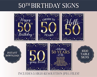 50th Birthday Signs Bundle - Navy and Gold Party 2025 - Instant Download Printable Party Signs - 50 Hello - Vintage 1975