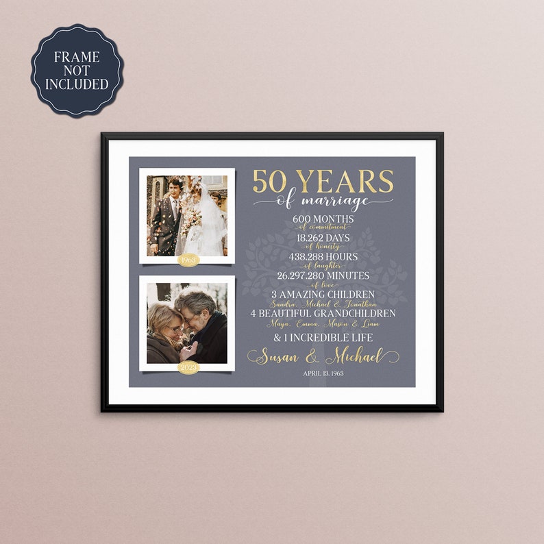 May include: A gray and gold printable poster celebrating a 50th wedding anniversary. The poster features two photos of a couple, one from their wedding day and one from a more recent date. The poster also includes the text "50 Years of Marriage" and a list of milestones, including the number of months, days, hours, and minutes the couple has been married. The poster also includes the names of the couple, Susan and Michael, and the date of their wedding, April 13, 1963.
