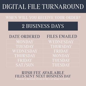 May include: A chart showing the turnaround time for digital files. The chart shows the day of the week an order is placed and the day of the week the files will be emailed. The chart states that orders placed on Monday will be emailed on Wednesday, orders placed on Tuesday will be emailed on Thursday, orders placed on Wednesday will be emailed on Friday, orders placed on Thursday will be emailed on Monday, orders placed on Friday will be emailed on Tuesday, and orders placed on Saturday or Sunday will be emailed on Tuesday. The chart also states that a rush fee is available to have files sent the next business day.