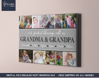 Grandparents Canvas from Grandkids for Anniversary Gift - Personalized Photo Collage Sign for Grandma and Grandpa Gift - Greatest Blessings