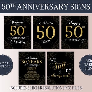 50. Hochzeitsjubiläum Schilder Bundle - Verheiratet 1975 - Goldene Jubiläumsparty - Schwarz Goldfolie Tabletop Schild - Jubiläumsfeier Dekor