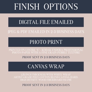 May include: A graphic showing different finish options for a digital print. The options include a digital file emailed, a photo print on lustre paper, and a canvas wrap. The text states that the digital file is emailed immediately, while the photo print and canvas wrap have a 2-3 business day turnaround time.
